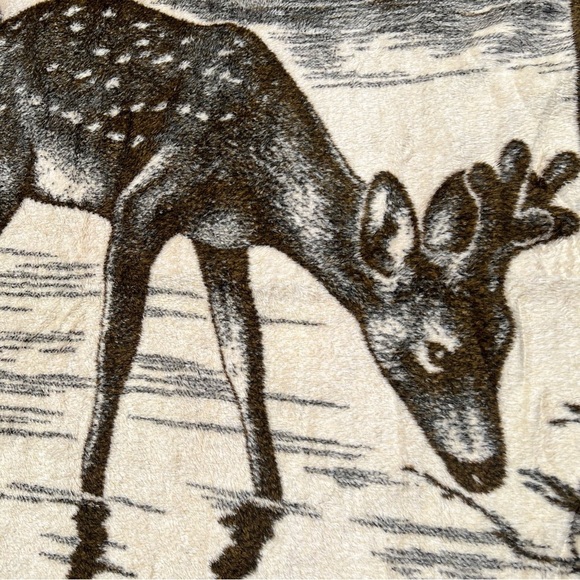 VTG San Marcos Drinking Deer Meadow Birds Reversible Plush Blanket Brown 56x85 - Picture 3 of 13
